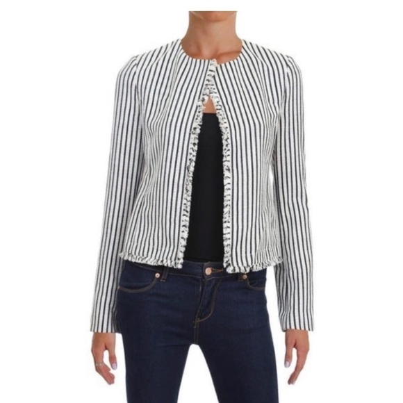 HUGO BOSS Black & White Striped KOMINA Fringe Trim Collarless Jacket size 8 - Picture 4 of 10